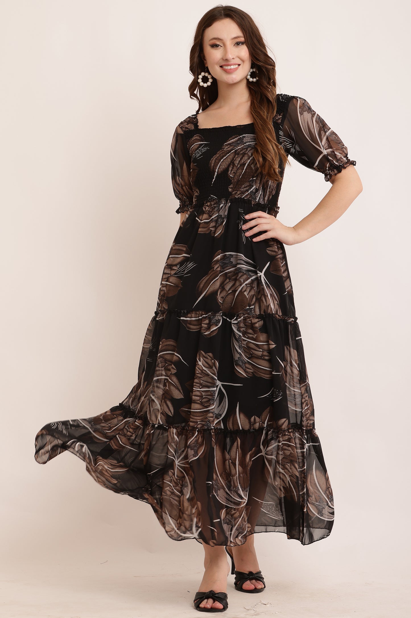 Smocking Brown Floral Long Dress