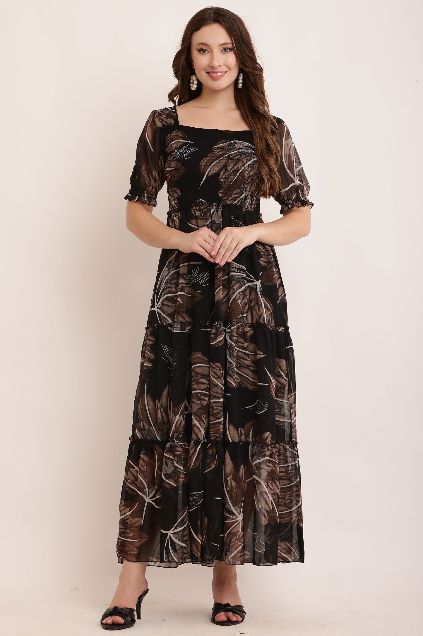 Smocking Brown Floral Long Dress