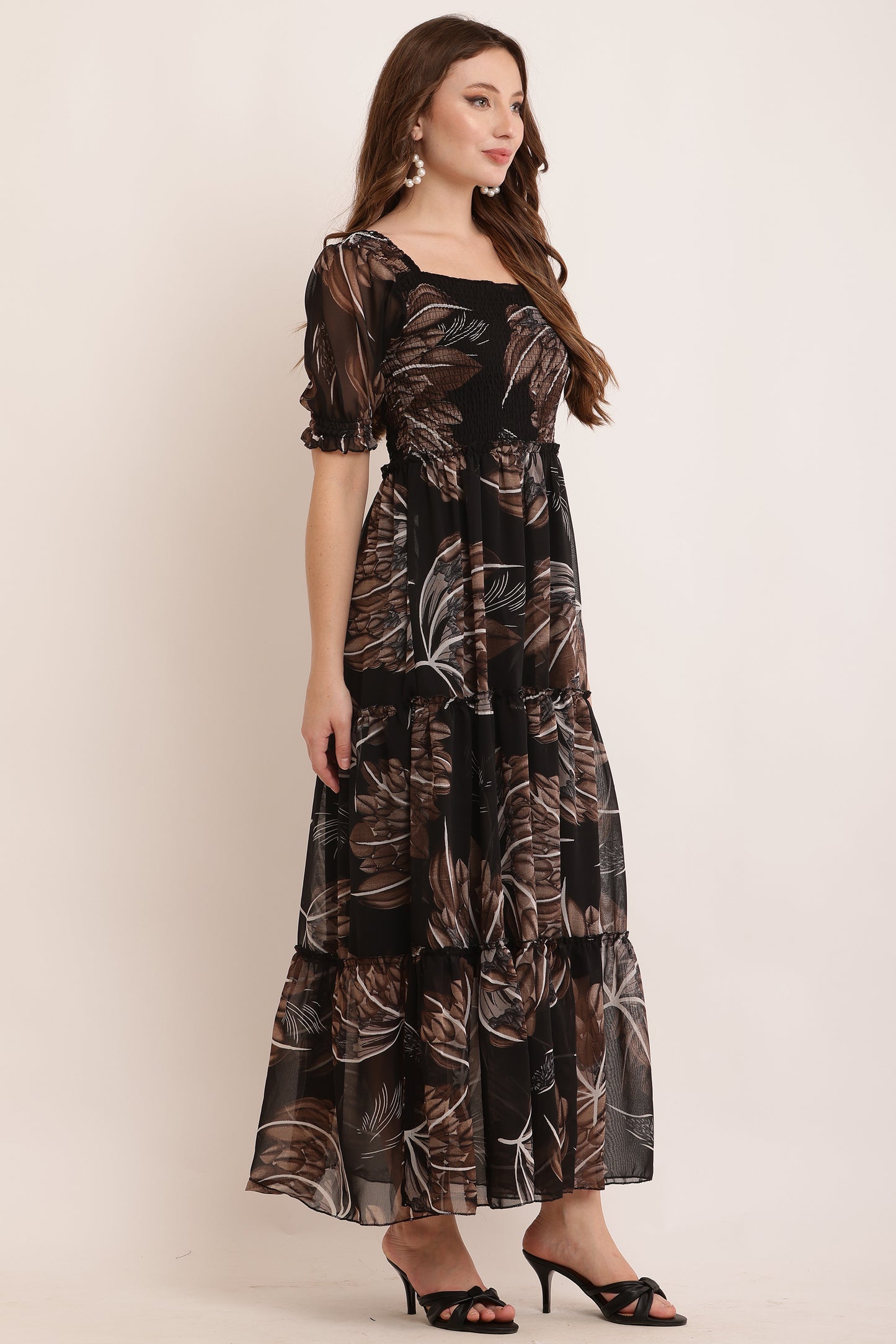 Smocking Brown Floral Long Dress
