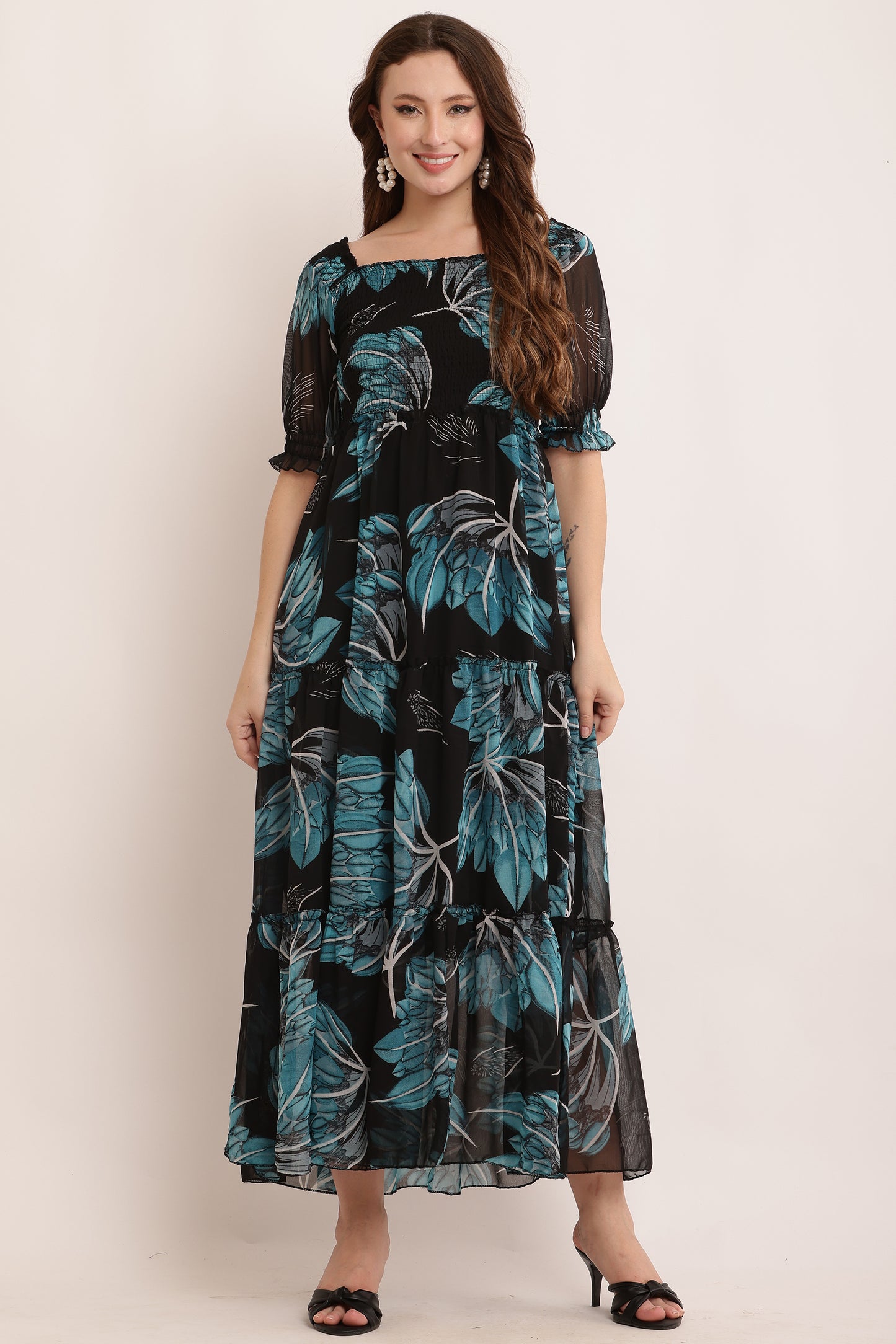 Smocking Brown Floral Long Dress