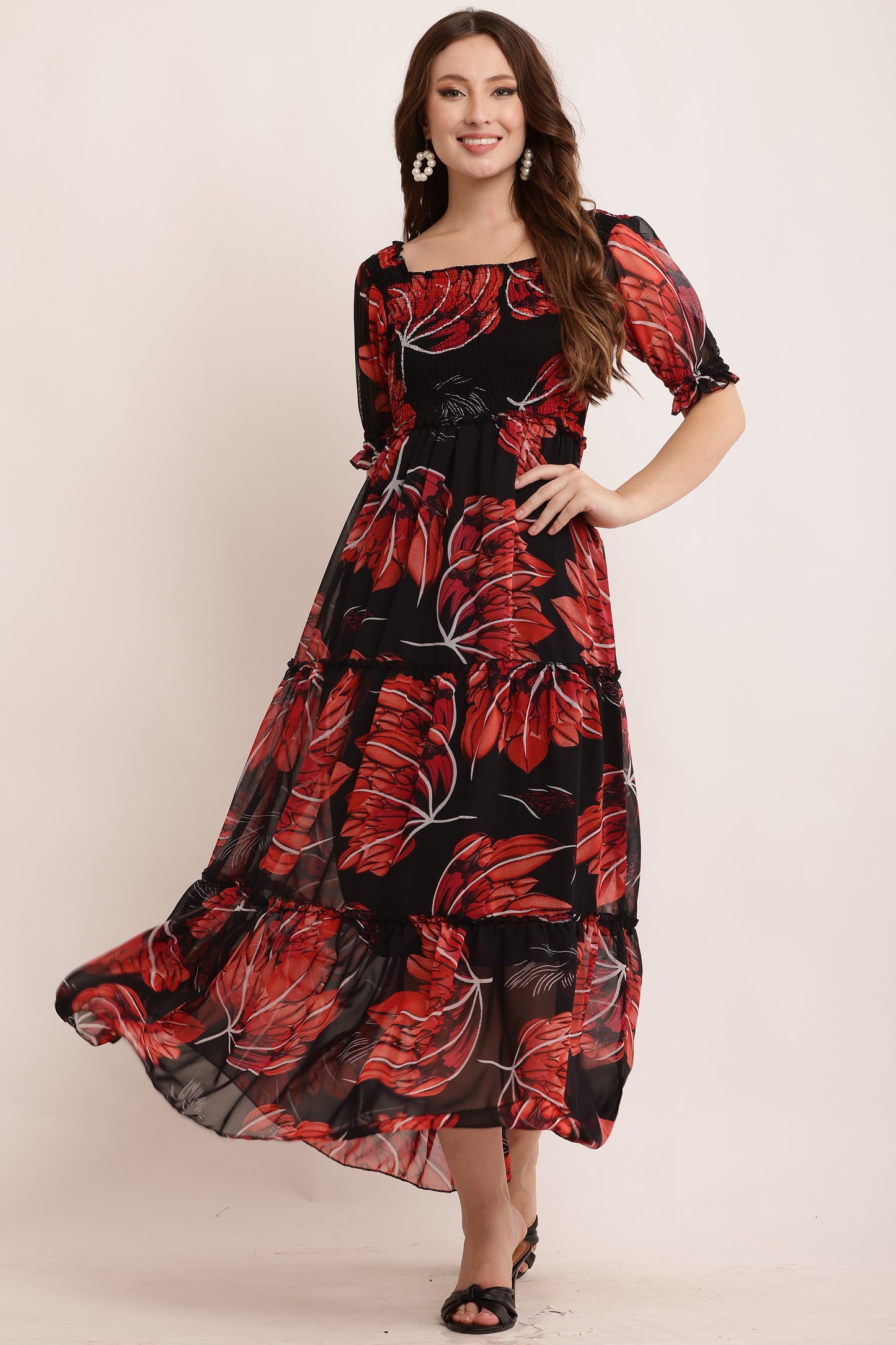 Smocking Brown Floral Long Dress